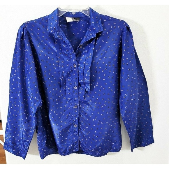 Vintage 80s Blouse Pleated Ruffle Button Up Top Blue  Size Medium Retro - Picture 9 of 9